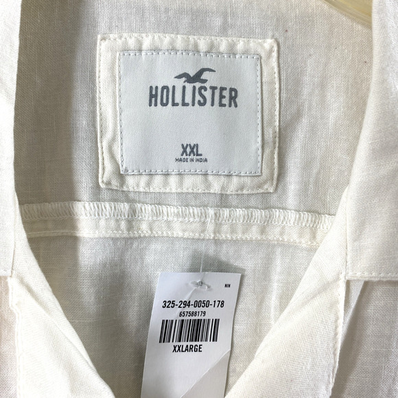 Hollister Shirt Mens XXL Linen Blend‎ Beige Embroidered Button Up Short Sleeve - Picture 4 of 10